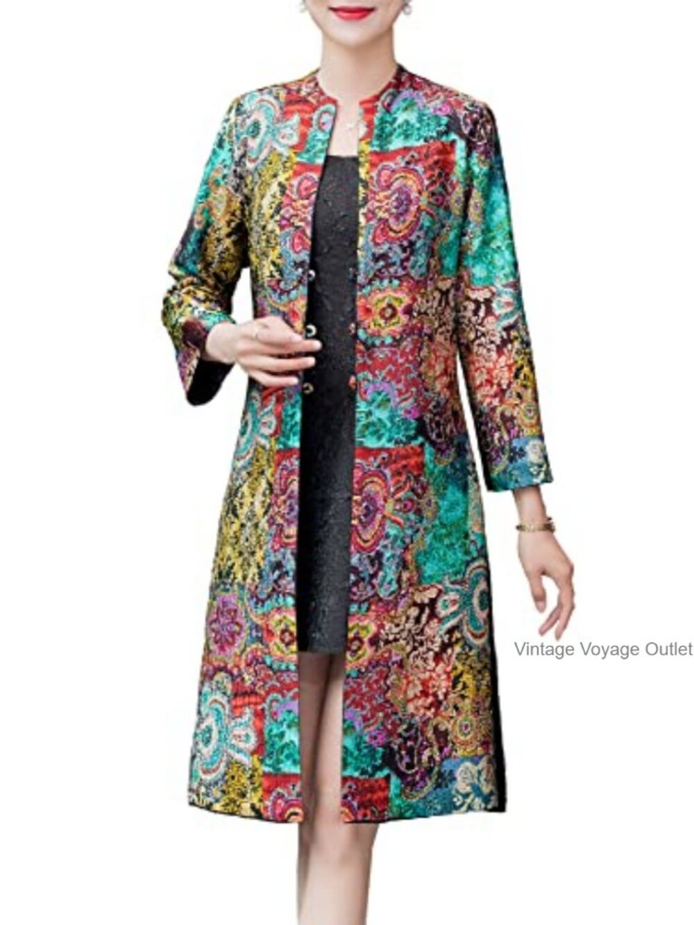 Women's Reversible Floral Chinese Jacket Round Collar Long Sleeve Crinkled
